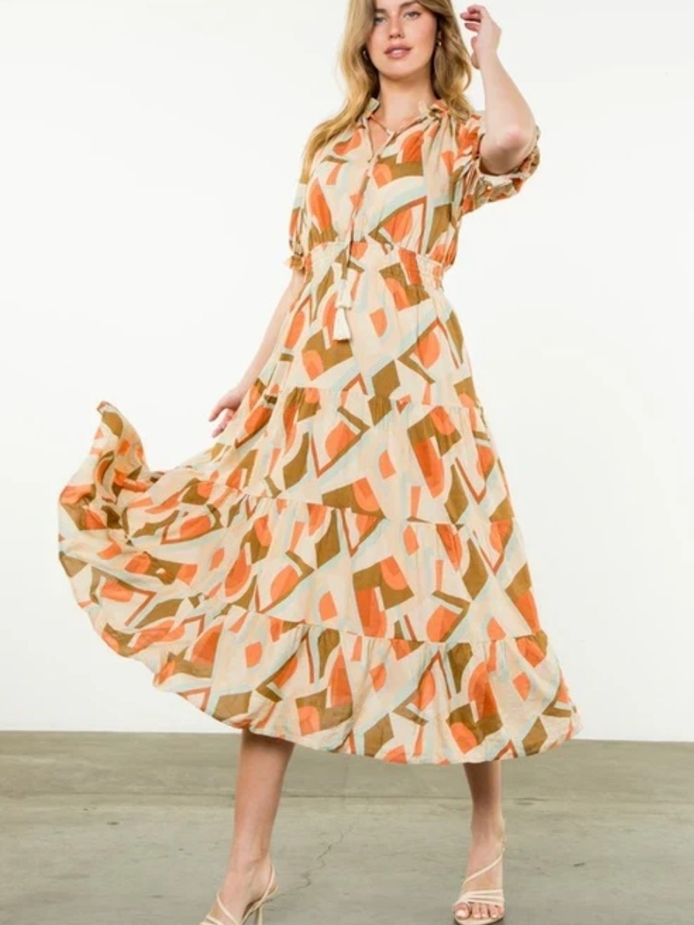 THML Cream, Orange & Olive Abstract Tiered Midi Dress with Smocked Waist